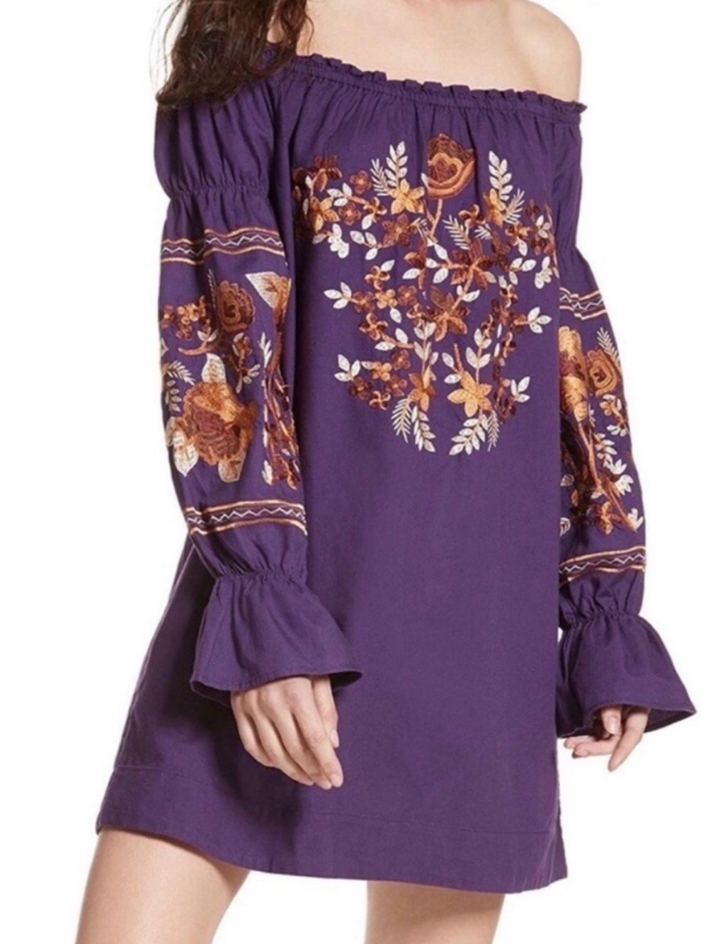 Free People Purple Off-Shoulder Embroidered Mini Dress tunic